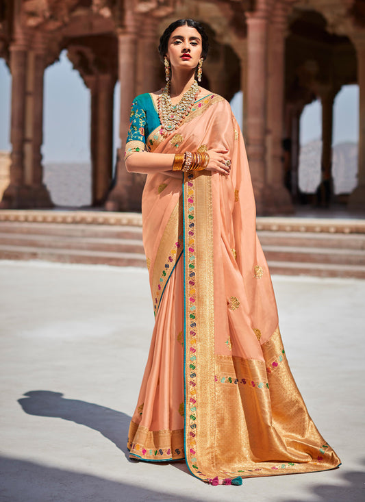 Blush Peach Silk Weaving Saree With Embroidered Blouse