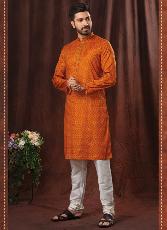 Flame Orange Polyester Cotton Mens Kurta Pyjama Set