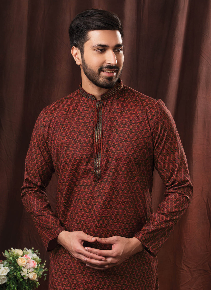 Maroon Polyester Cotton Ready Made Mens Kurta Pyjama Set