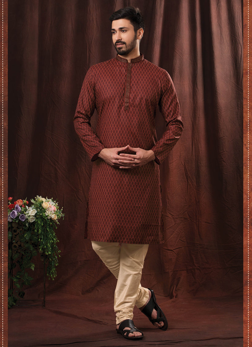 Maroon Polyester Cotton Ready Made Mens Kurta Pyjama Set