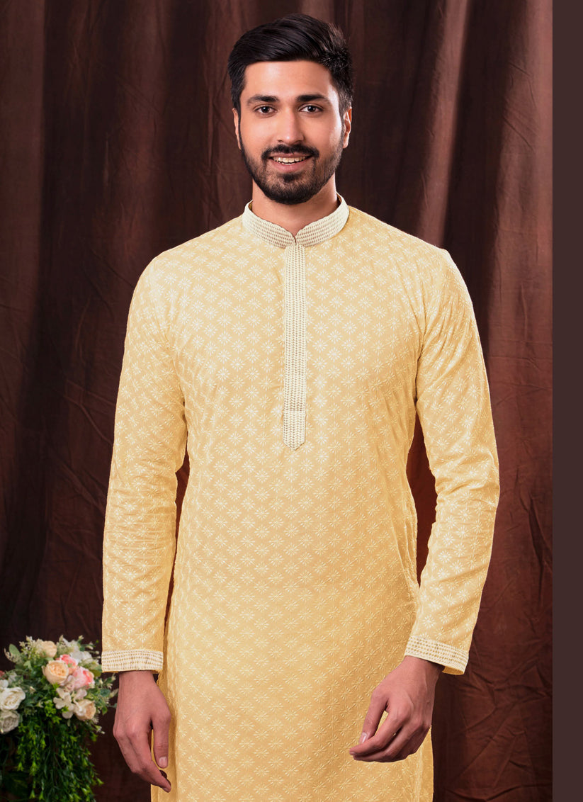 Lemon Yellow Cotton Chikankari Mens Kurta Pyjama Set