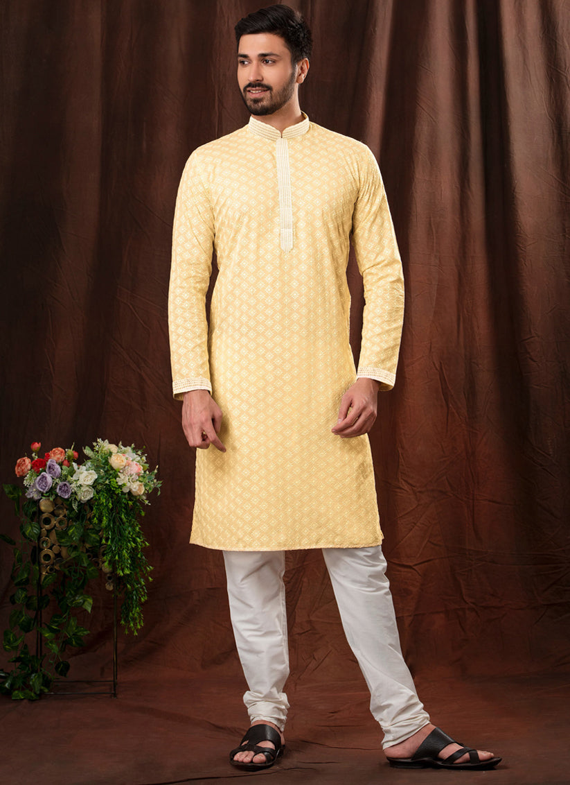 Lemon Yellow Cotton Chikankari Mens Kurta Pyjama Set