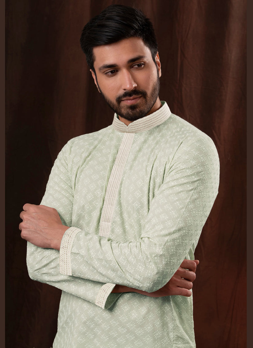 Pastel Grey Cotton Chikankari Mens Kurta Pyjama Set