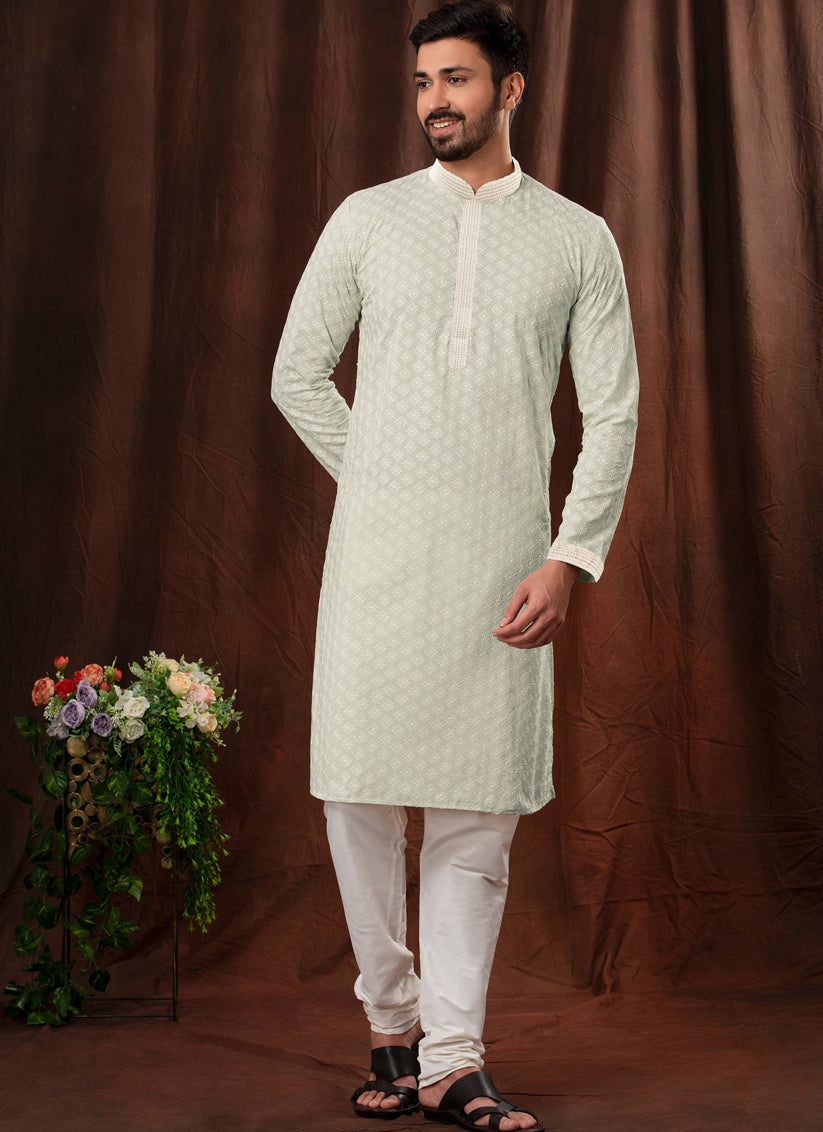 Pastel Grey Cotton Chikankari Mens Kurta Pyjama Set