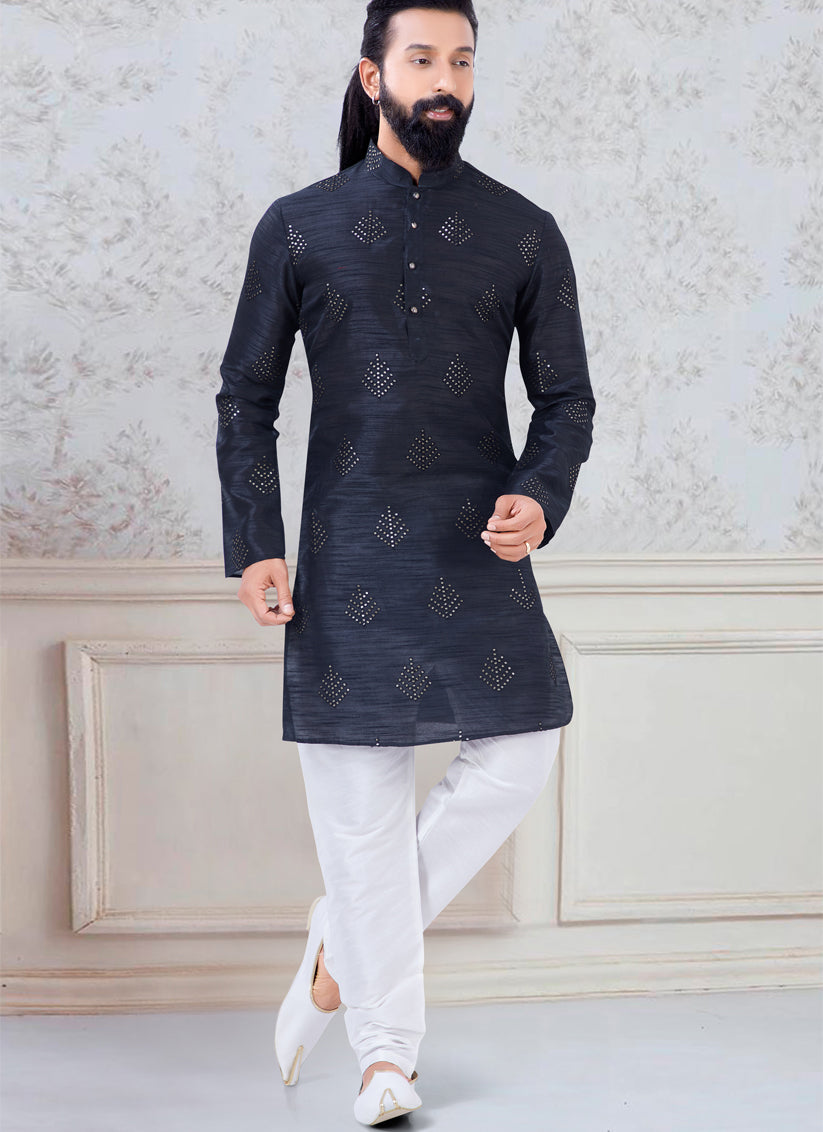 Black Silk Mens Kurta Pyjama Set