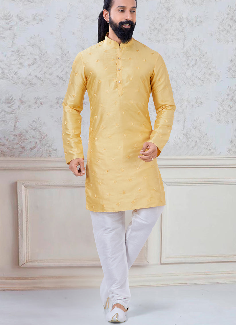 Yellow Silk Mens Kurta Pyjama Set