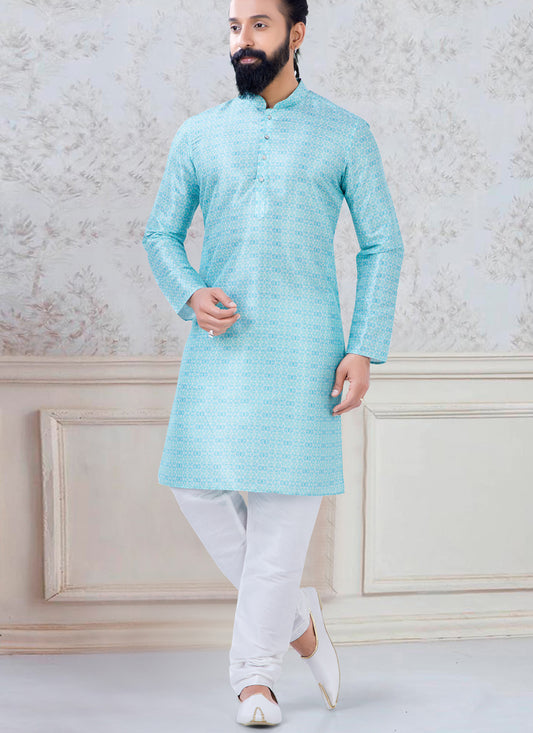 Sky Blue Silk Mens Kurta Pyjama Set