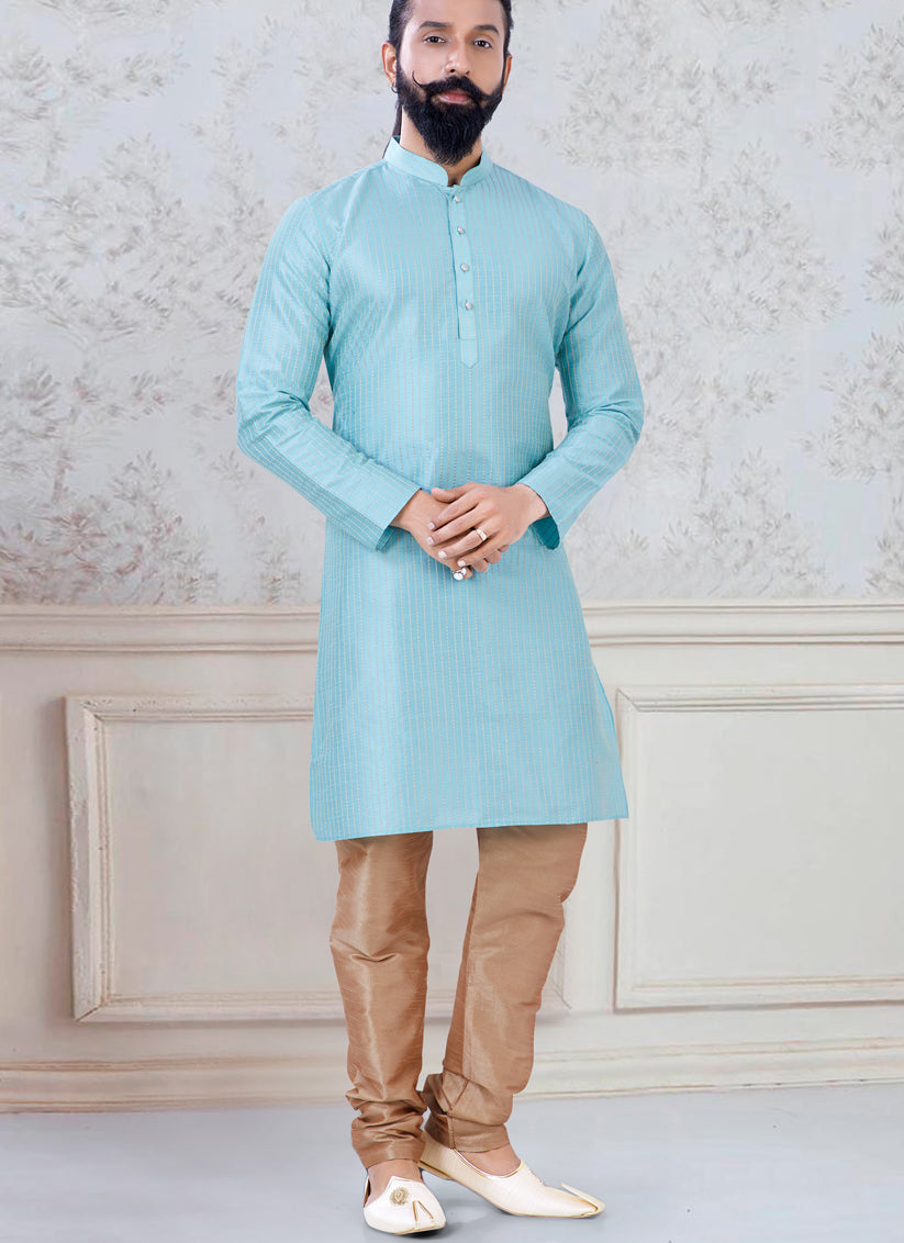 Sky Blue Silk Mens Kurta Pyjama Set