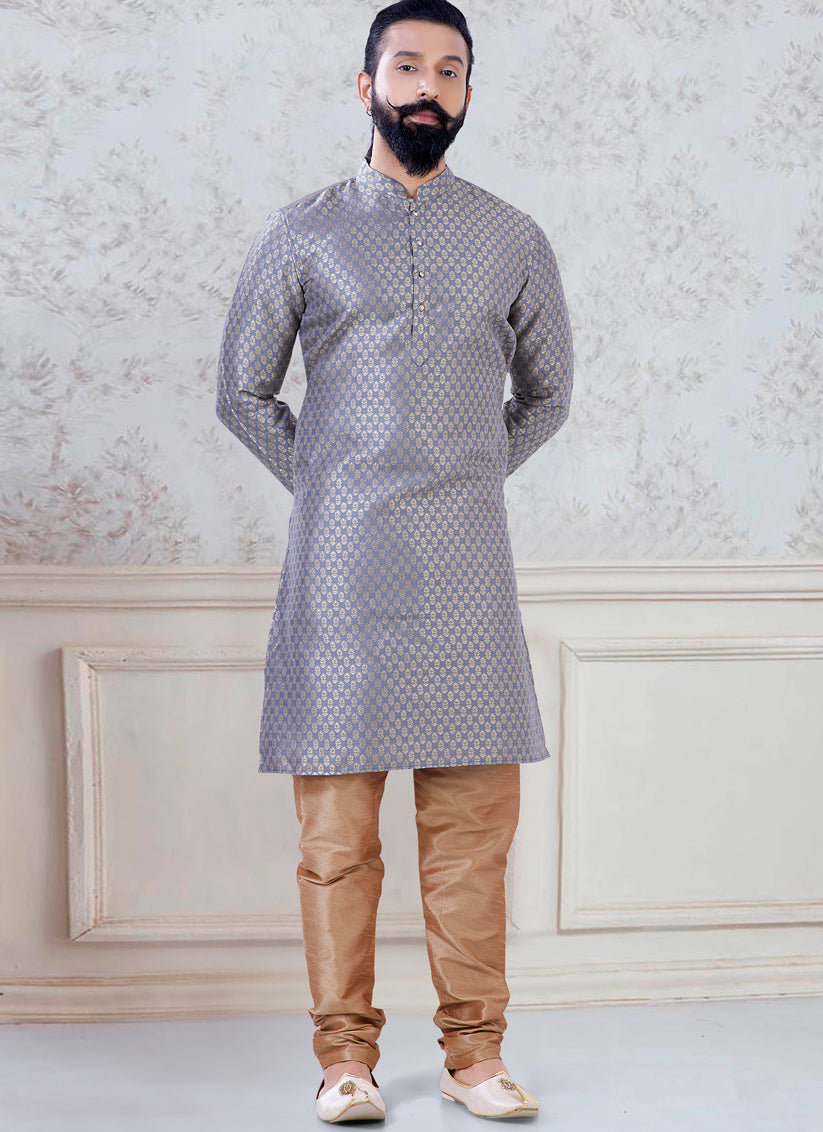 Grey Brocade Mens Kurta Pyjama Set