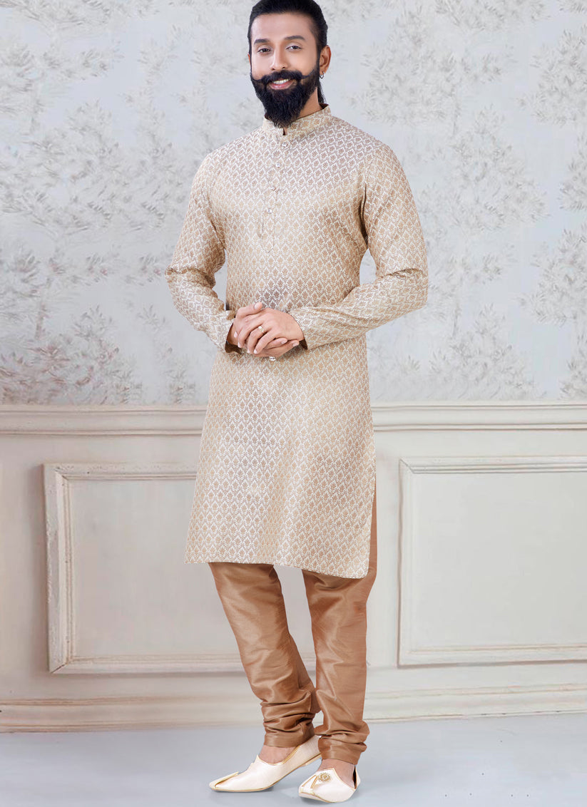 Beige Brocade Mens Kurta Pyjama Set