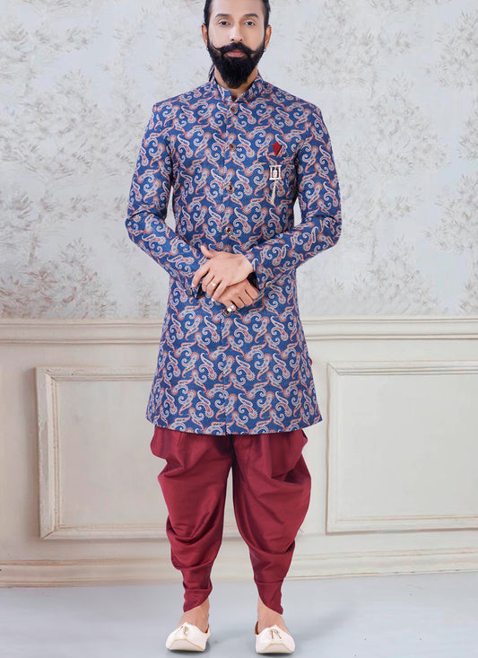 Royal Blue Jacquard Mens Indo Western