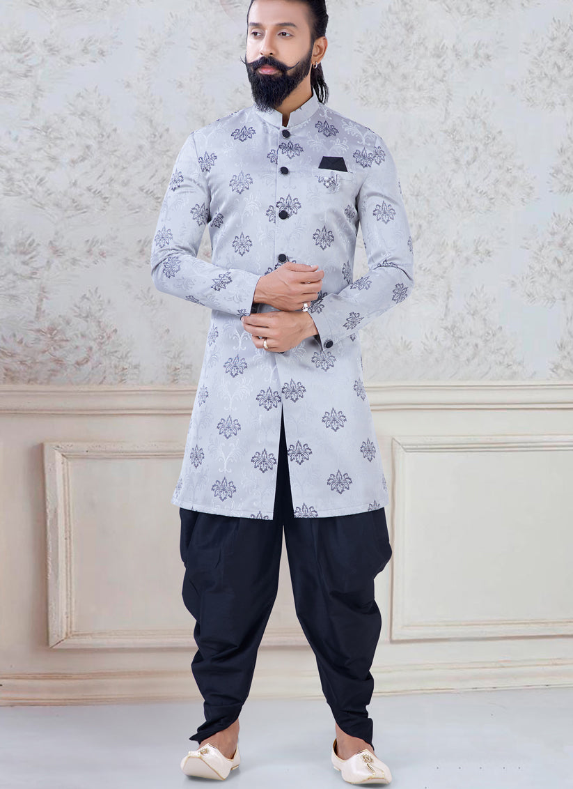 Grey Jacquard Mens Indo Western