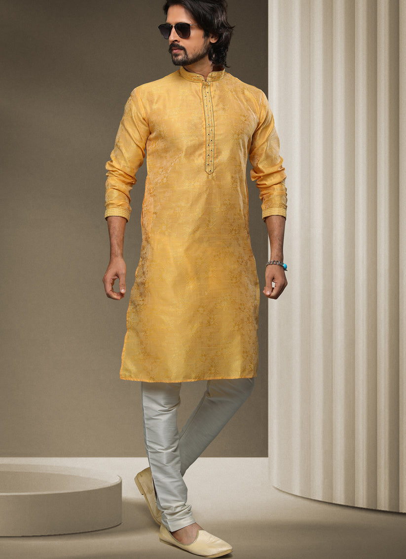 Yellow Jacquard Silk Brocade Kurta Pyjama Set