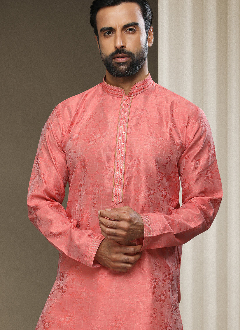 Salmon Pink Jacquard Silk Brocade Kurta Pyjama Set