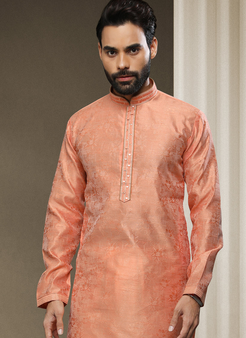 Peach Jacquard Silk Brocade Kurta Pyjama Set