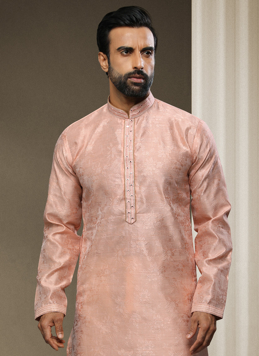 Blush Peach Jacquard Silk Brocade Kurta Pyjama Set