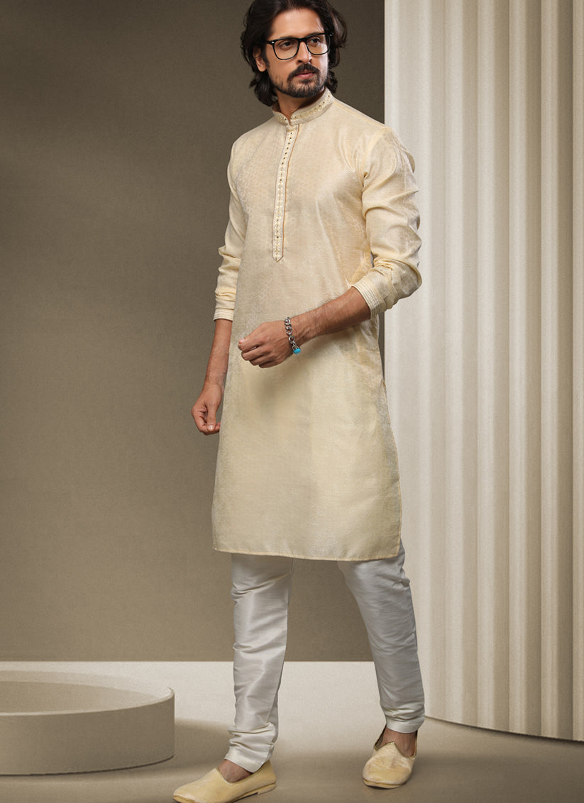 Cream Jacquard Silk Brocade Kurta Pyjama Set