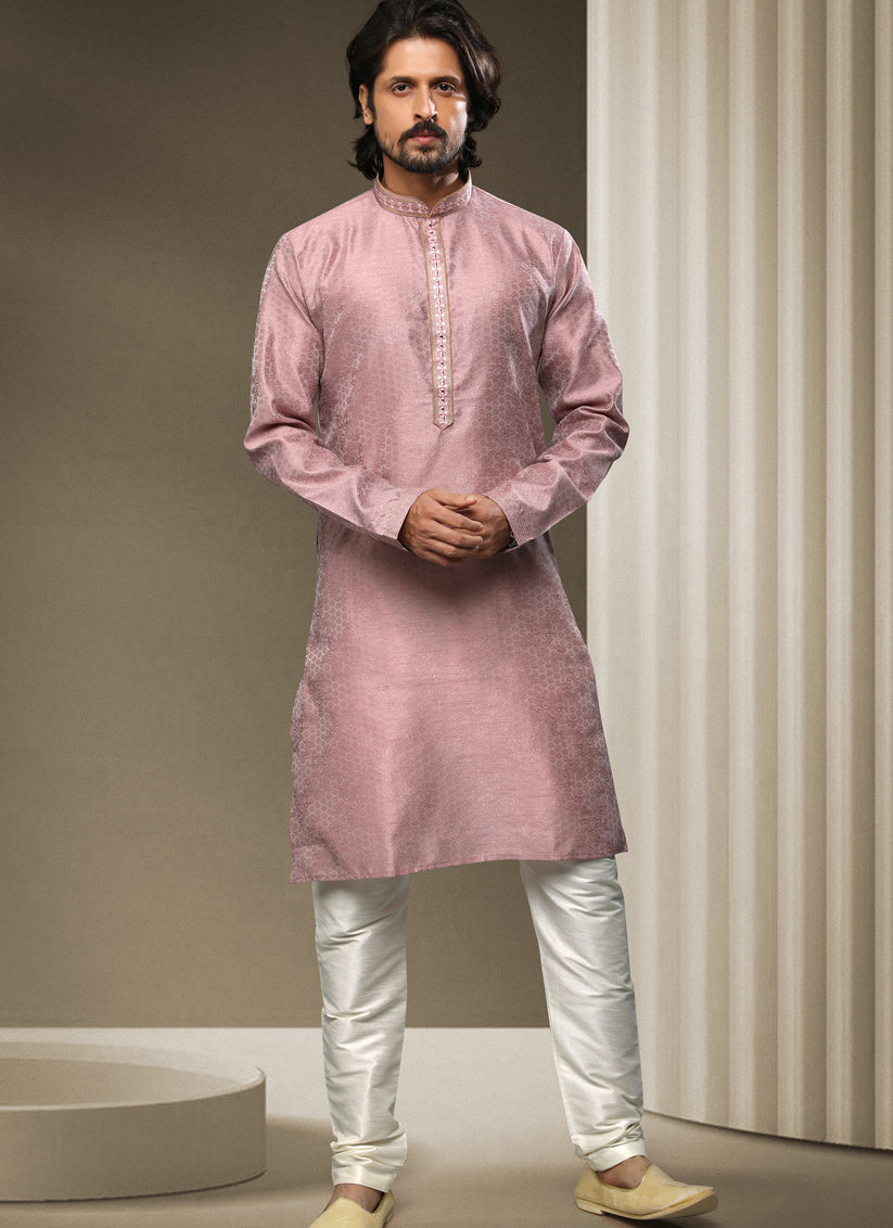 Dusty Pink Jacquard Silk Brocade Kurta Pyjama Set