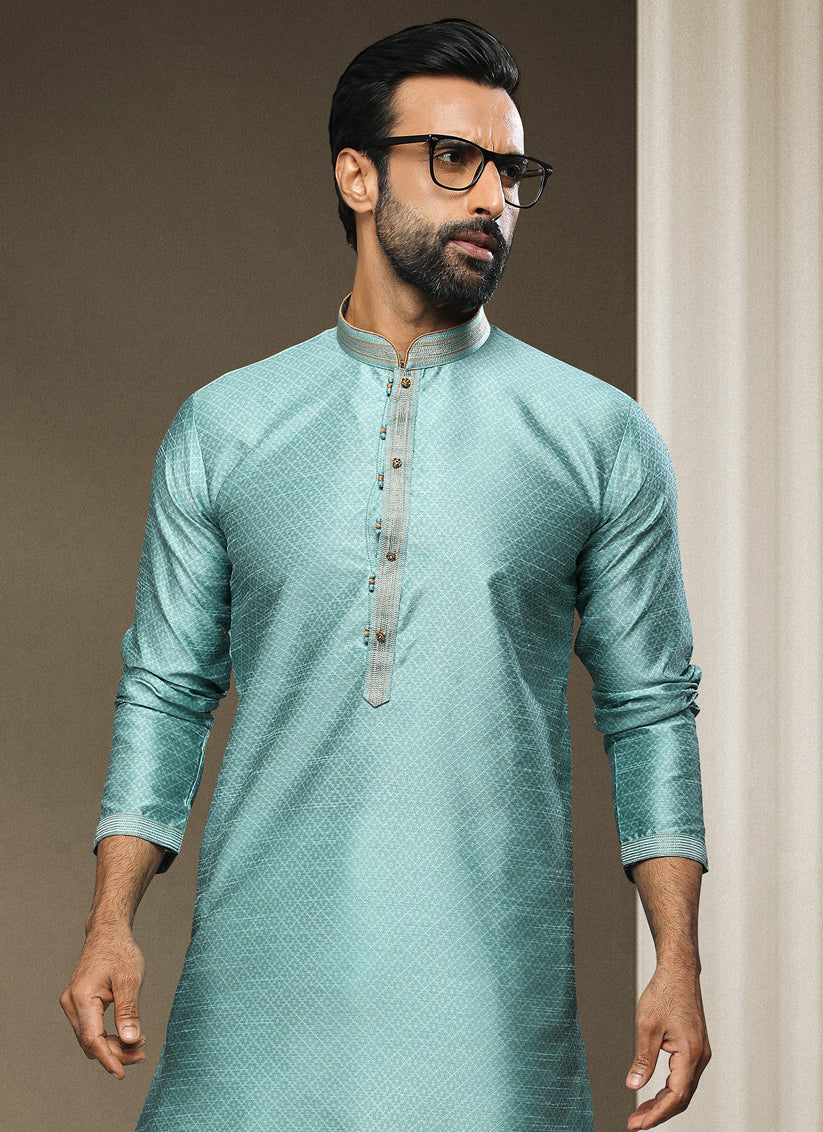 Mint Blue Jacquard Silk Brocade Kurta Pyjama Set