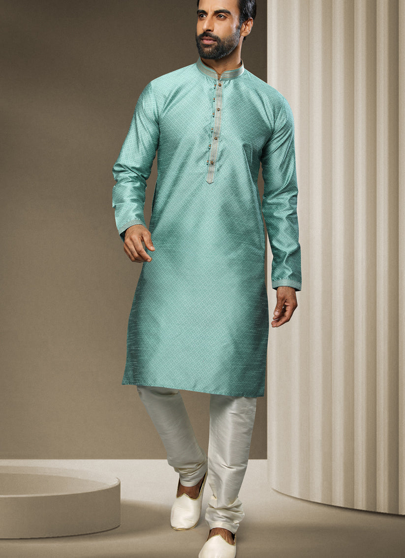 Mint Blue Jacquard Silk Brocade Kurta Pyjama Set