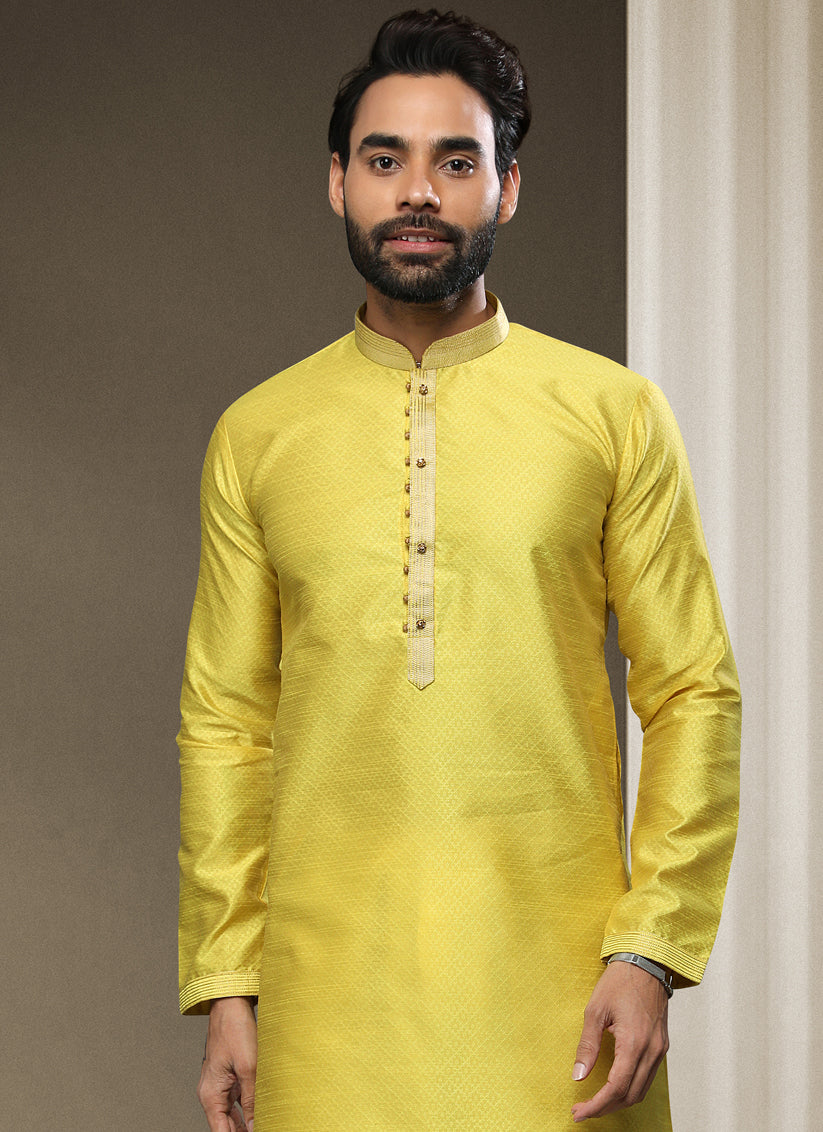 Lemon Yellow Jacquard Silk Brocade Kurta Pyjama Set