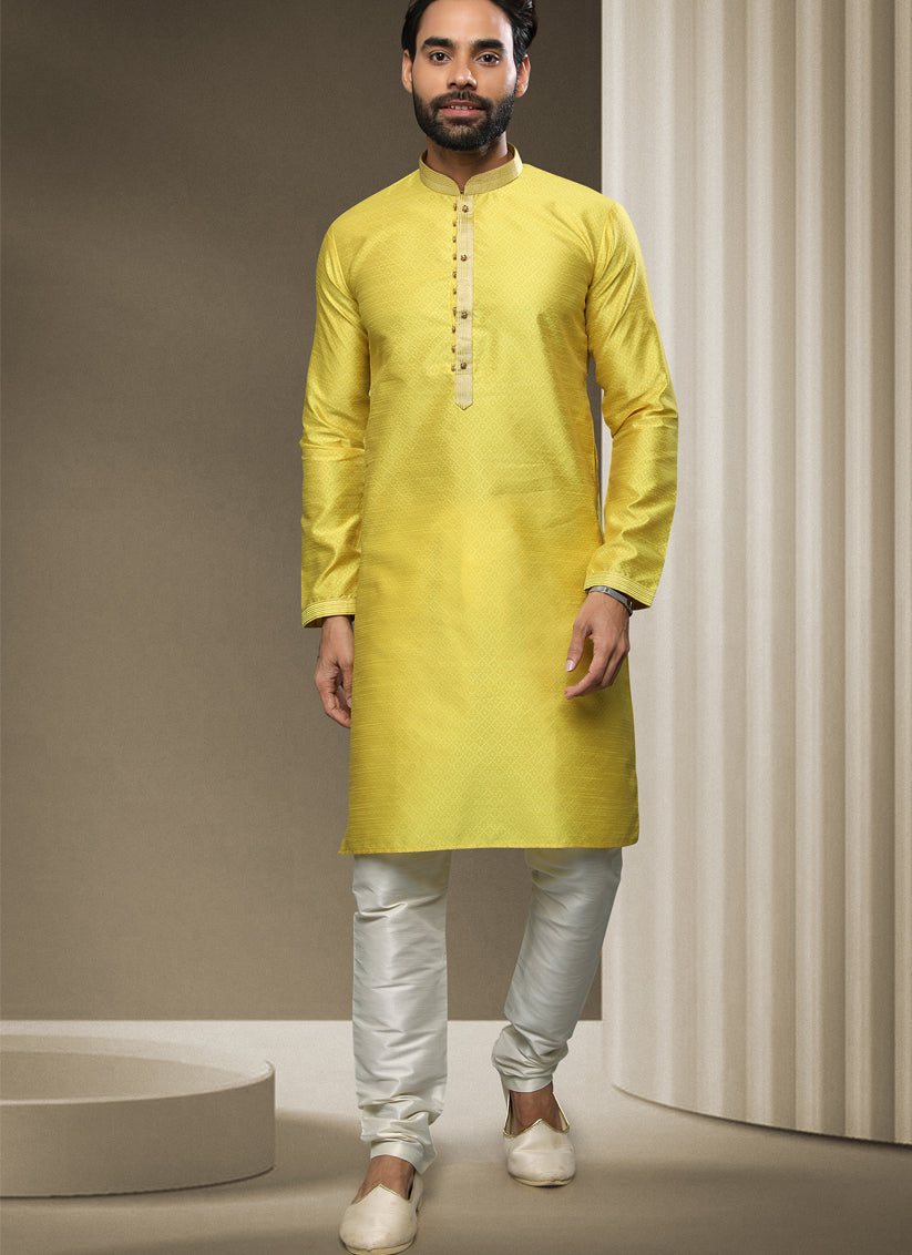 Lemon Yellow Jacquard Silk Brocade Kurta Pyjama Set