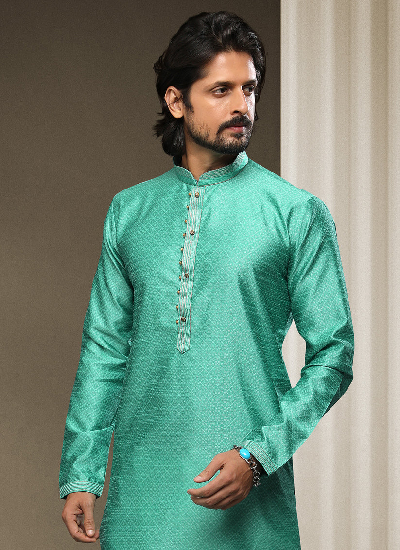 Sea Green Jacquard Silk Brocade Kurta Pyjama Set