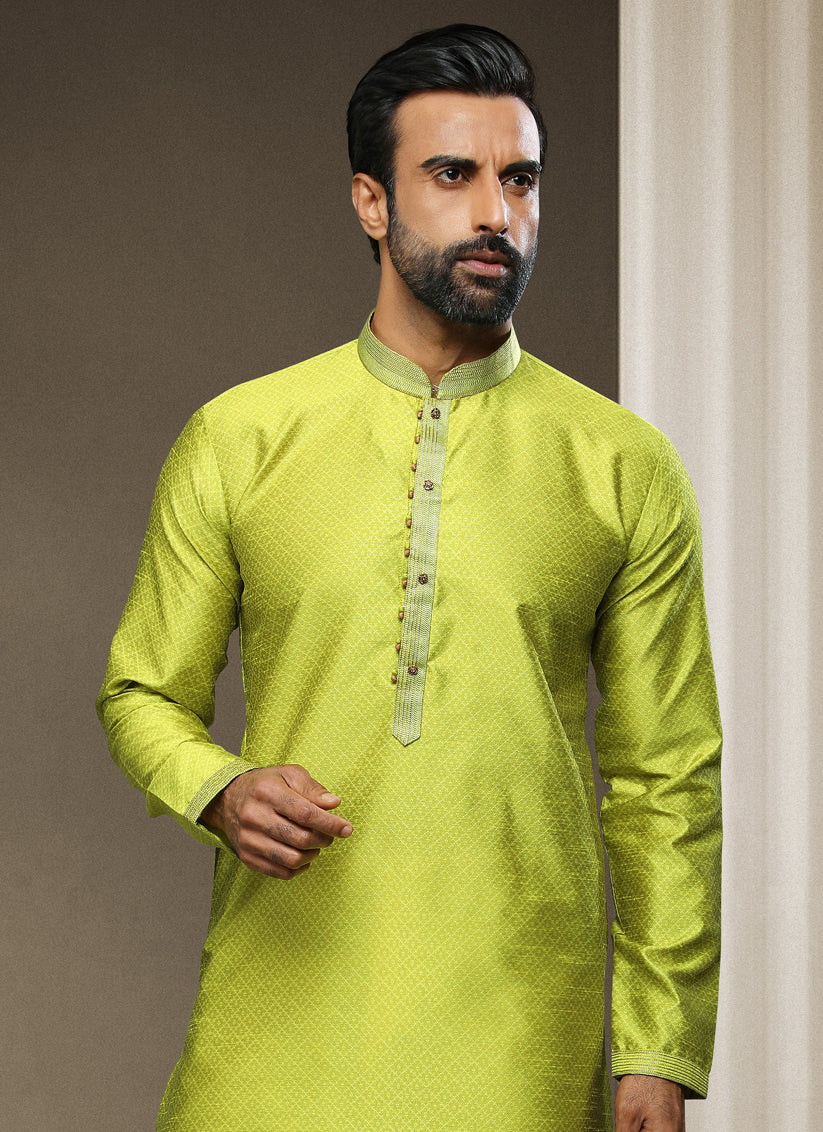 Fluorescent Green Jacquard Silk Brocade Kurta Pyjama Set