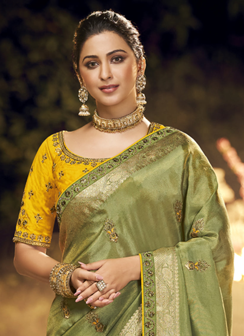 Sage Green Silk Embroidered Wedding Saree