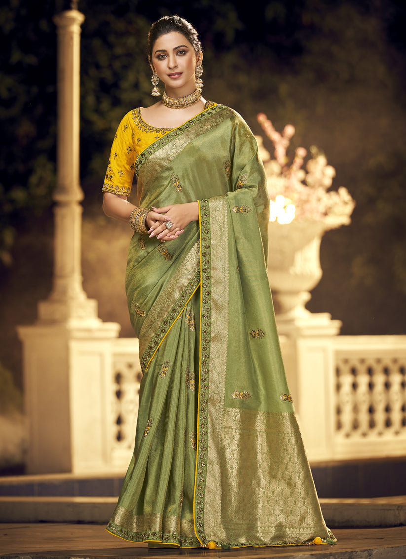 Sage Green Silk Embroidered Wedding Saree