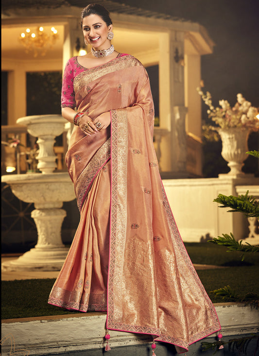 Peach Silk Embroidered Wedding Saree