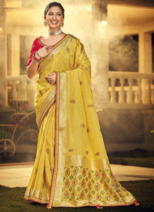 Lamon Yellow Silk Embroidered Wedding Saree