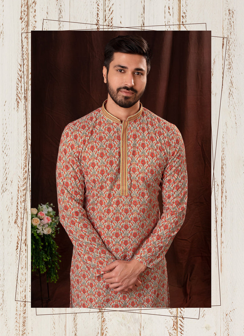 Orange Chikankari Printed Mens Kurta Pyjama Set