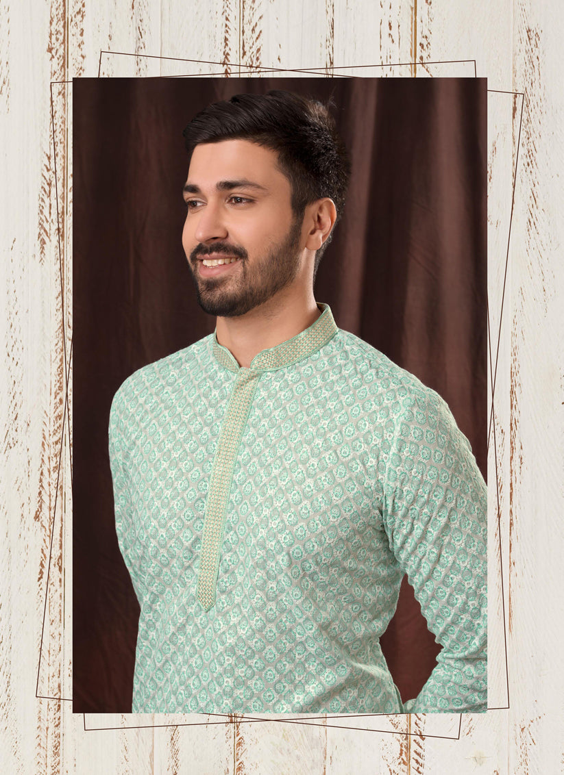 Sea Green Chikankari Printed Mens Kurta Pyjama Set