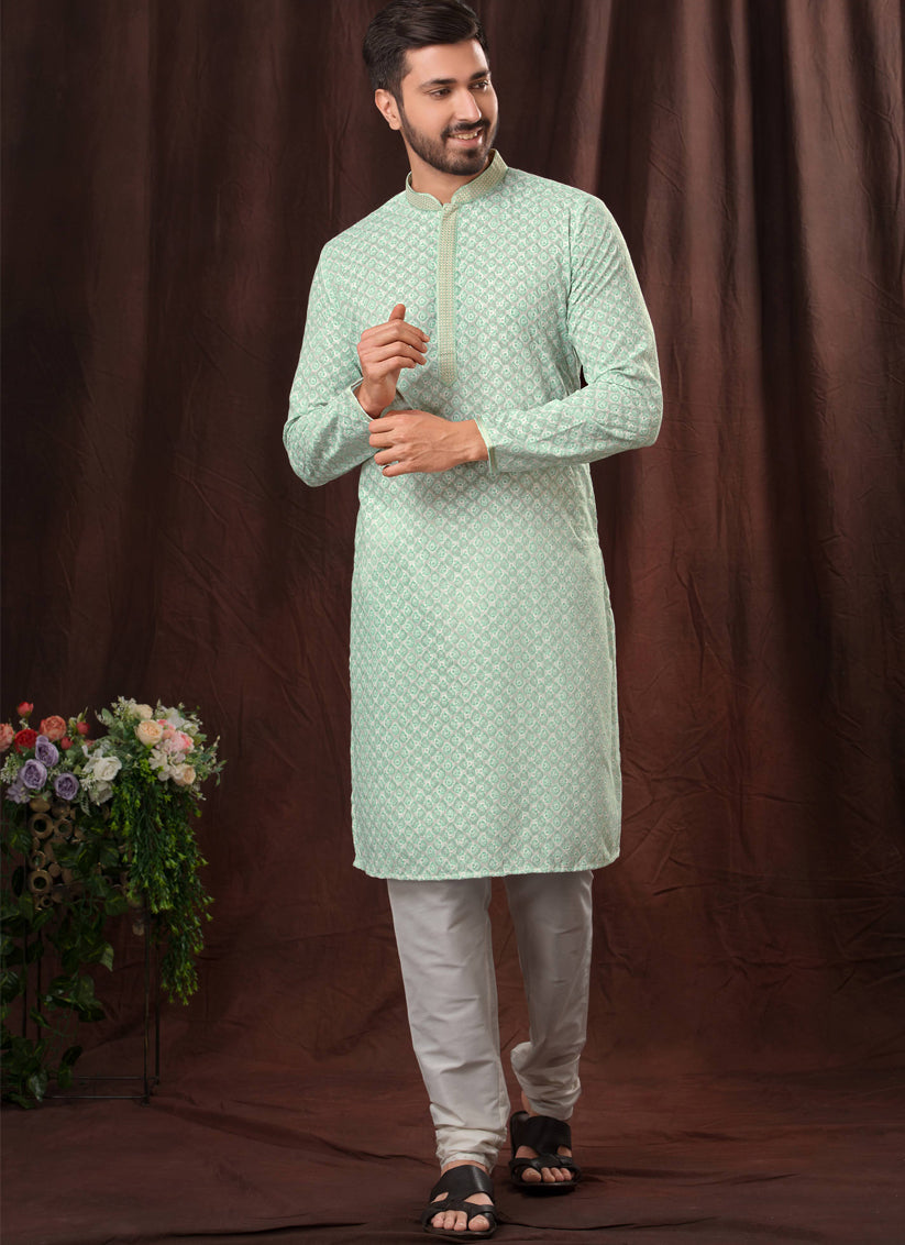 Sea Green Chikankari Printed Mens Kurta Pyjama Set