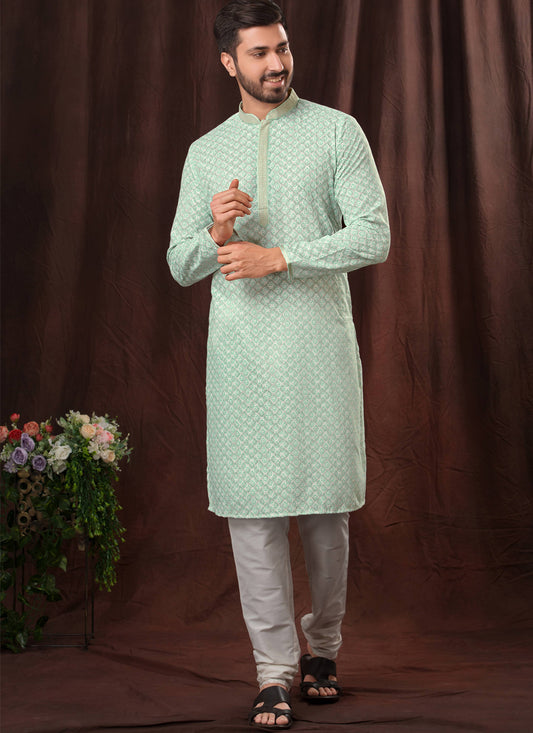 Sea Green Chikankari Printed Mens Kurta Pyjama Set