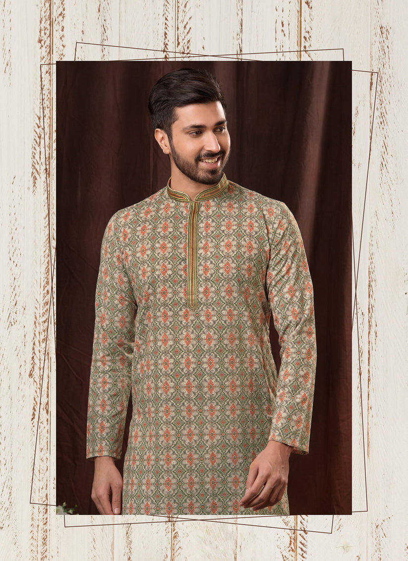 Green Chikankari Printed Mens Kurta Pyjama Set