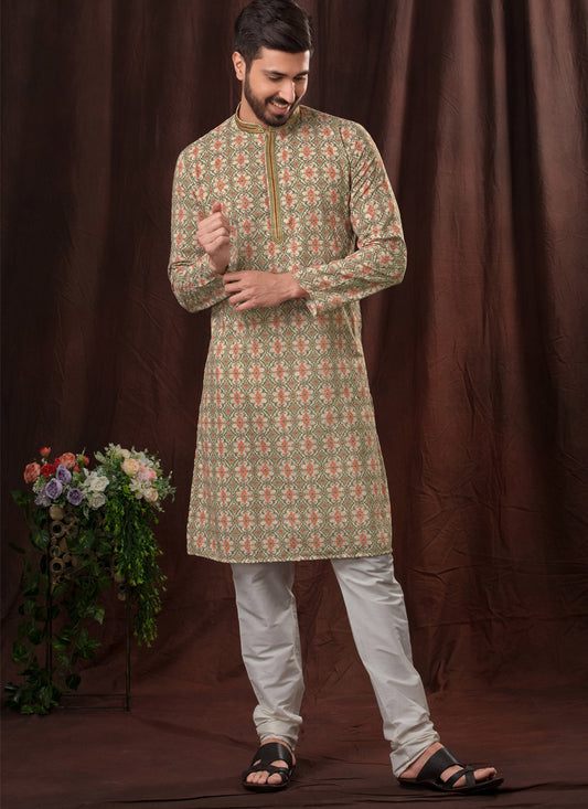 Green Chikankari Printed Mens Kurta Pyjama Set