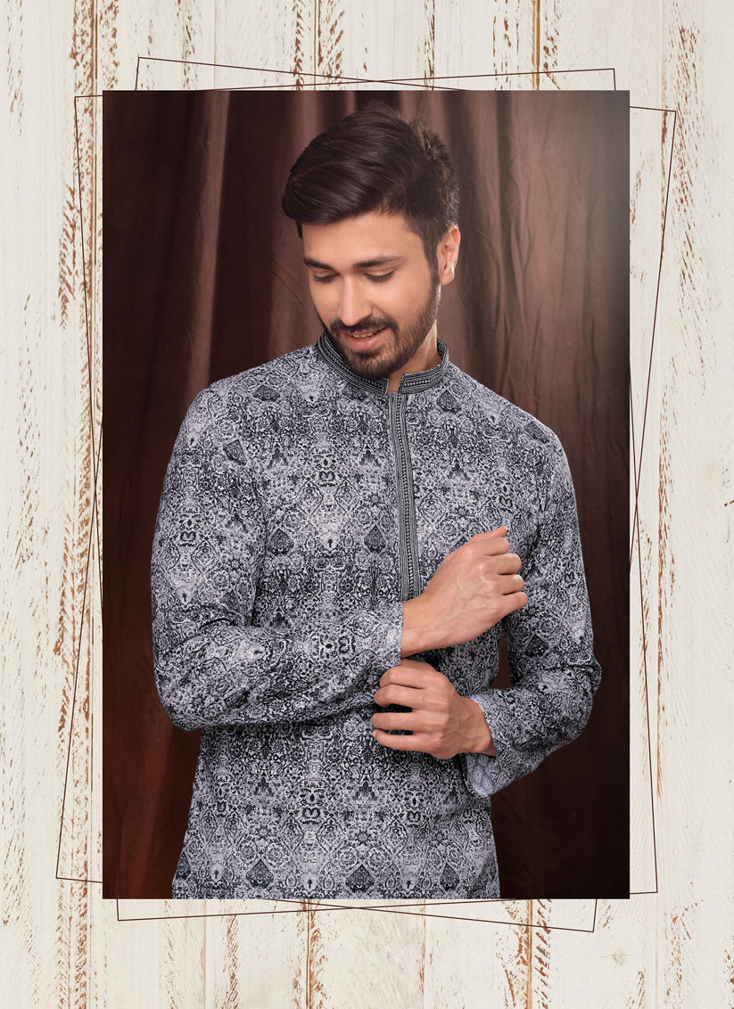 Grey Chikankari Printed Mens Kurta Pyjama Set