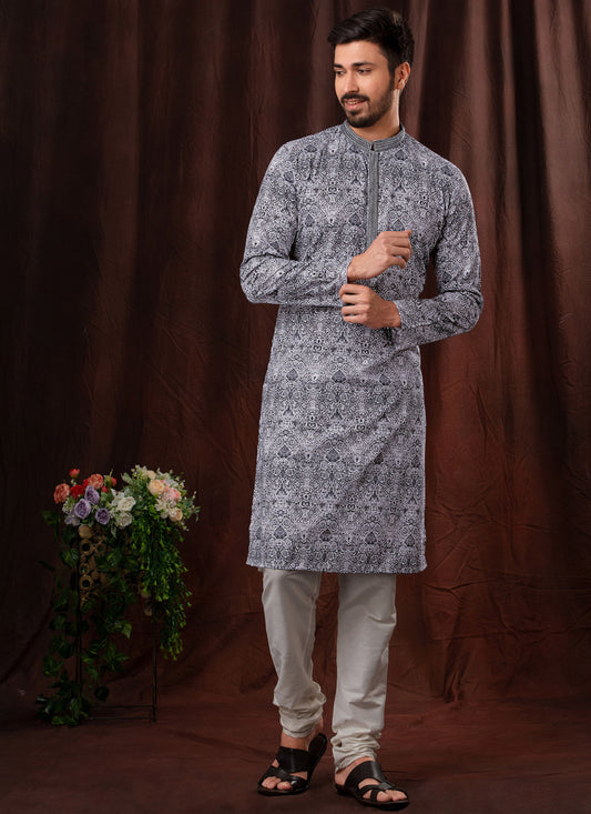 Grey Chikankari Printed Mens Kurta Pyjama Set