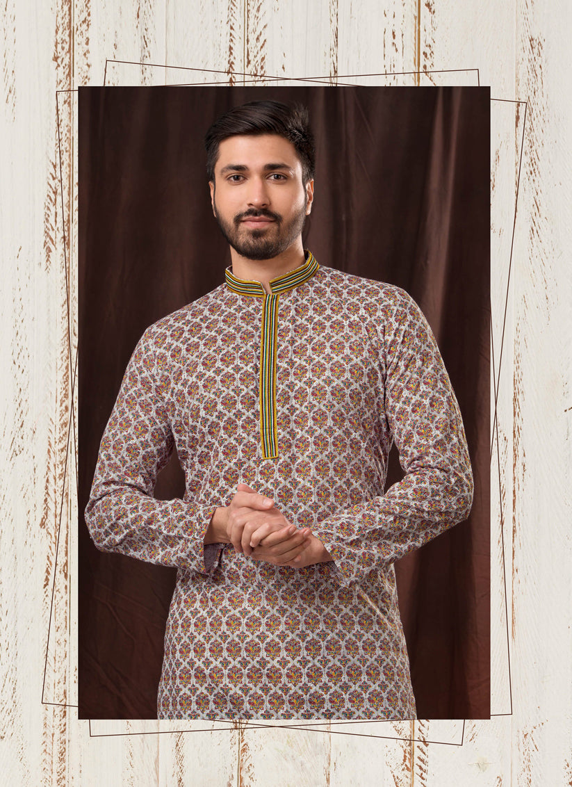 Multicolor Chikankari Printed Mens Kurta Pyjama Set