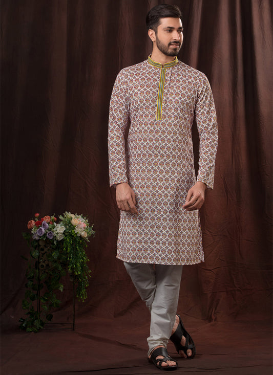 Multicolor Chikankari Printed Mens Kurta Pyjama Set