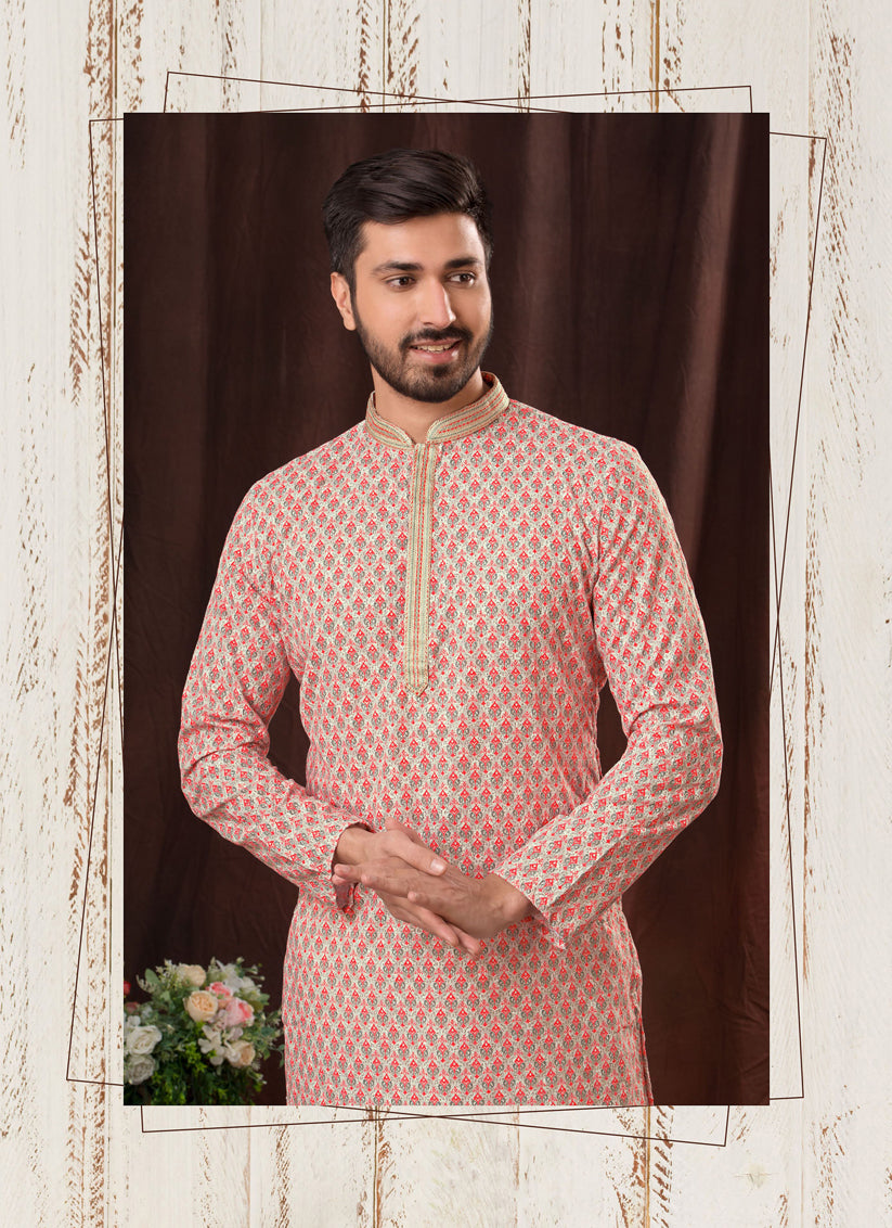 Multicolor Chikankari Printed Mens Kurta Pyjama Set