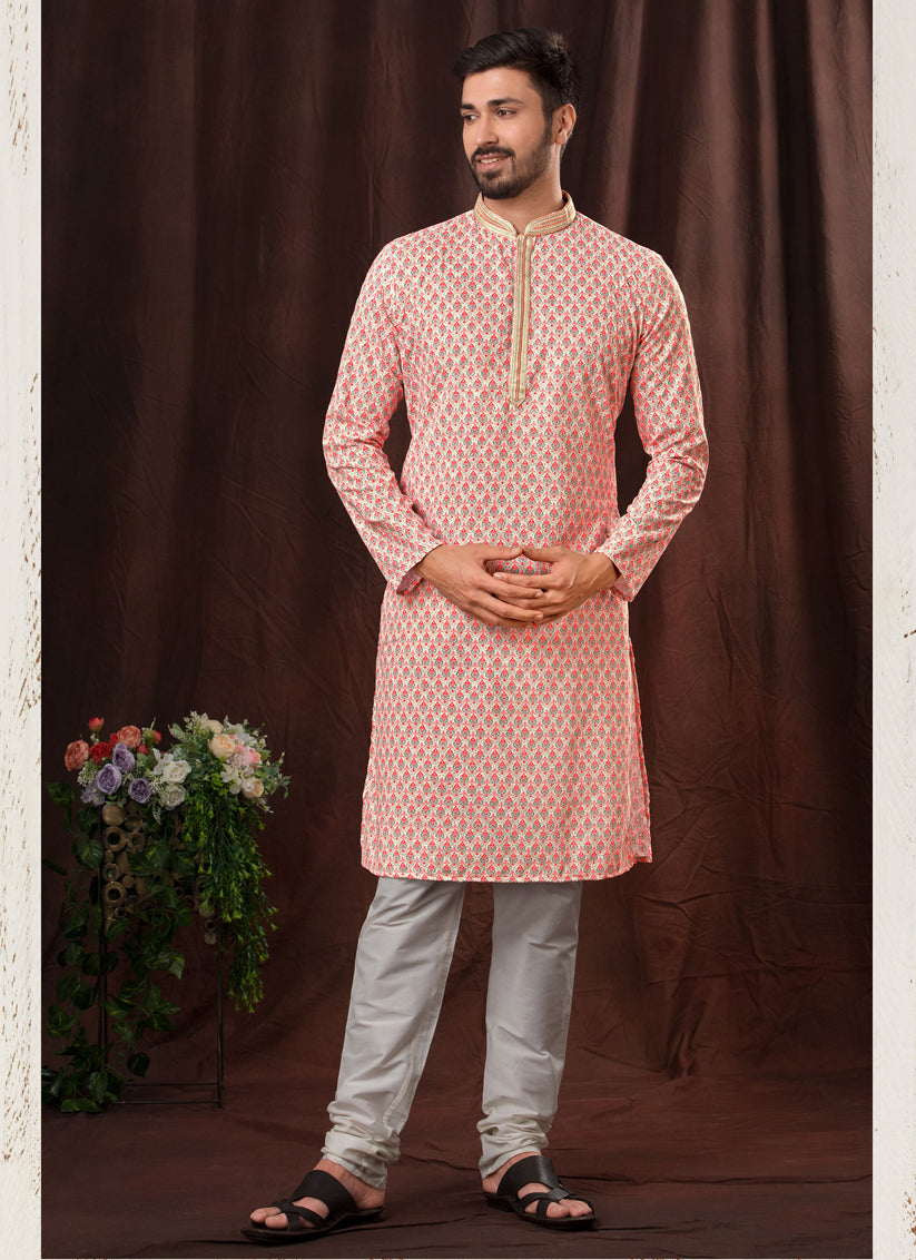 Multicolor Chikankari Printed Mens Kurta Pyjama Set