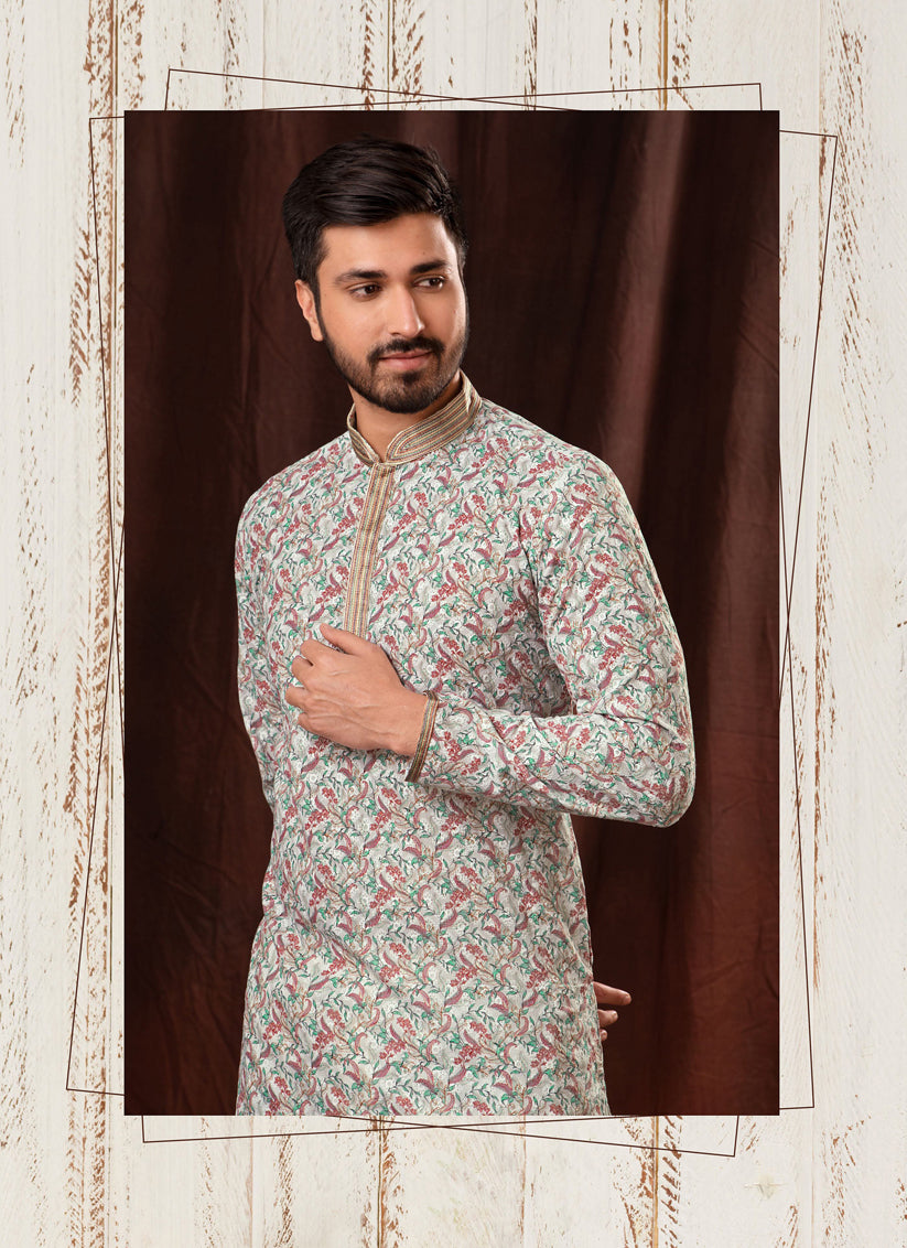 Multicolor Chikankari Printed Mens Kurta Pyjama Set