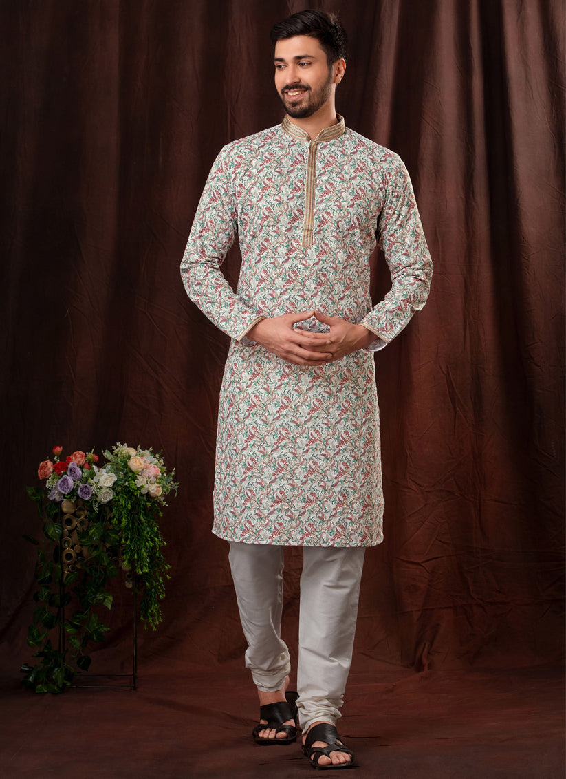 Multicolor Chikankari Printed Mens Kurta Pyjama Set