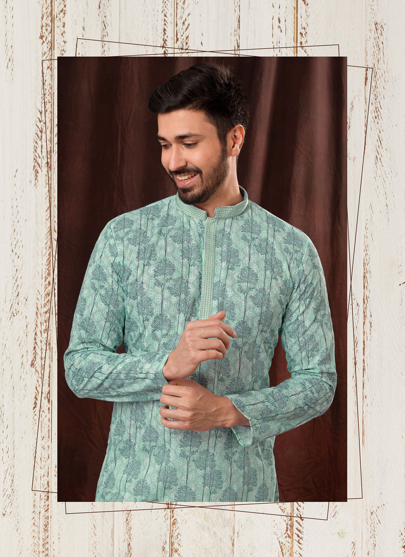 Multicolor Chikankari Printed Mens Kurta Pyjama Set