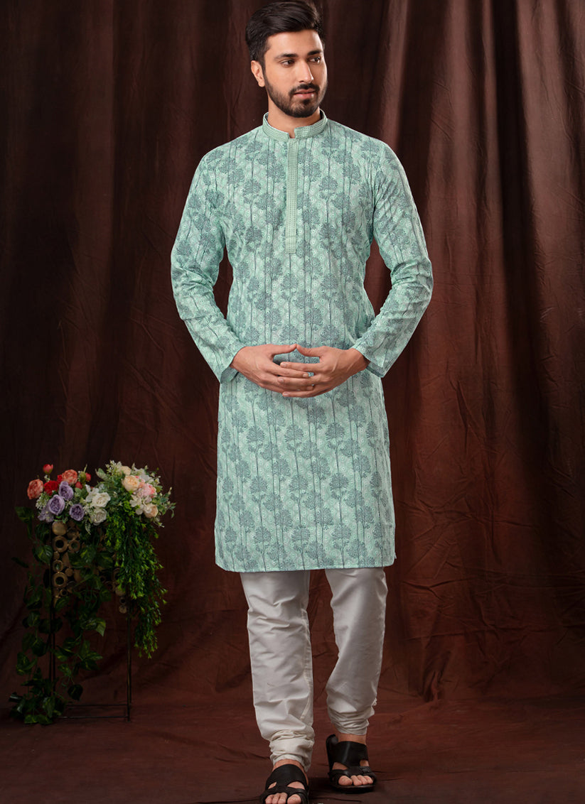 Multicolor Chikankari Printed Mens Kurta Pyjama Set