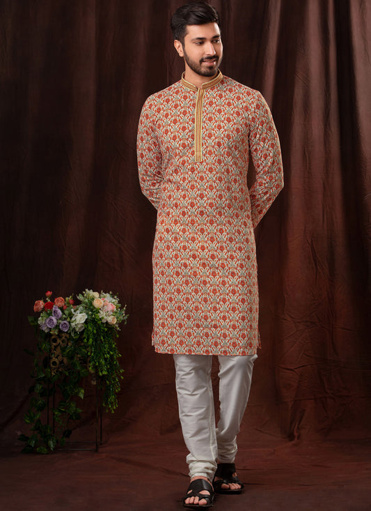 Orange Chikankari Printed Mens Kurta Pyjama Set