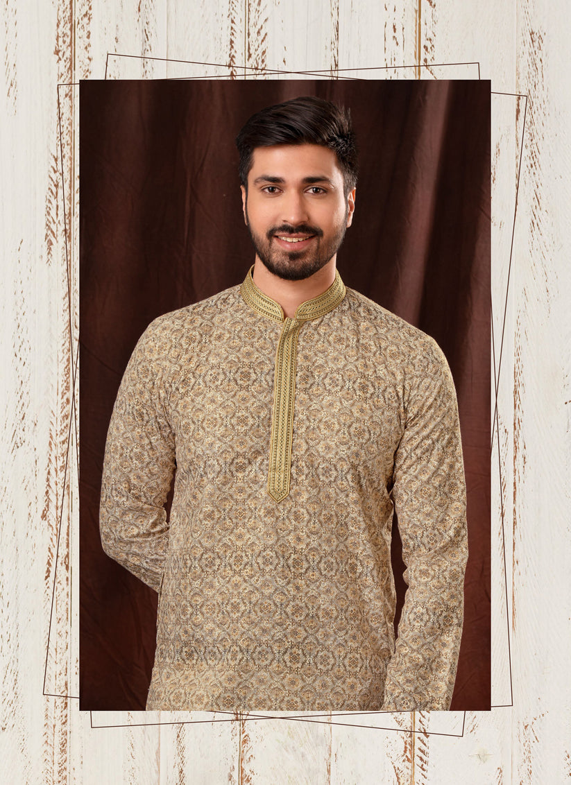 Beige Chikankari Printed Mens Kurta Pyjama Set